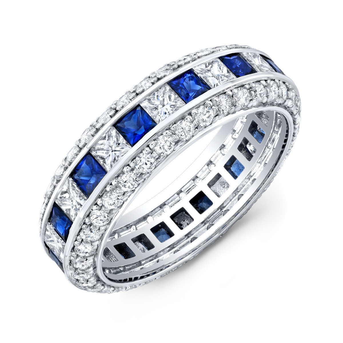 4.50 Ct Princess Blue Sapphire & Diamond 14K White Gold Over Eternity Band Ring