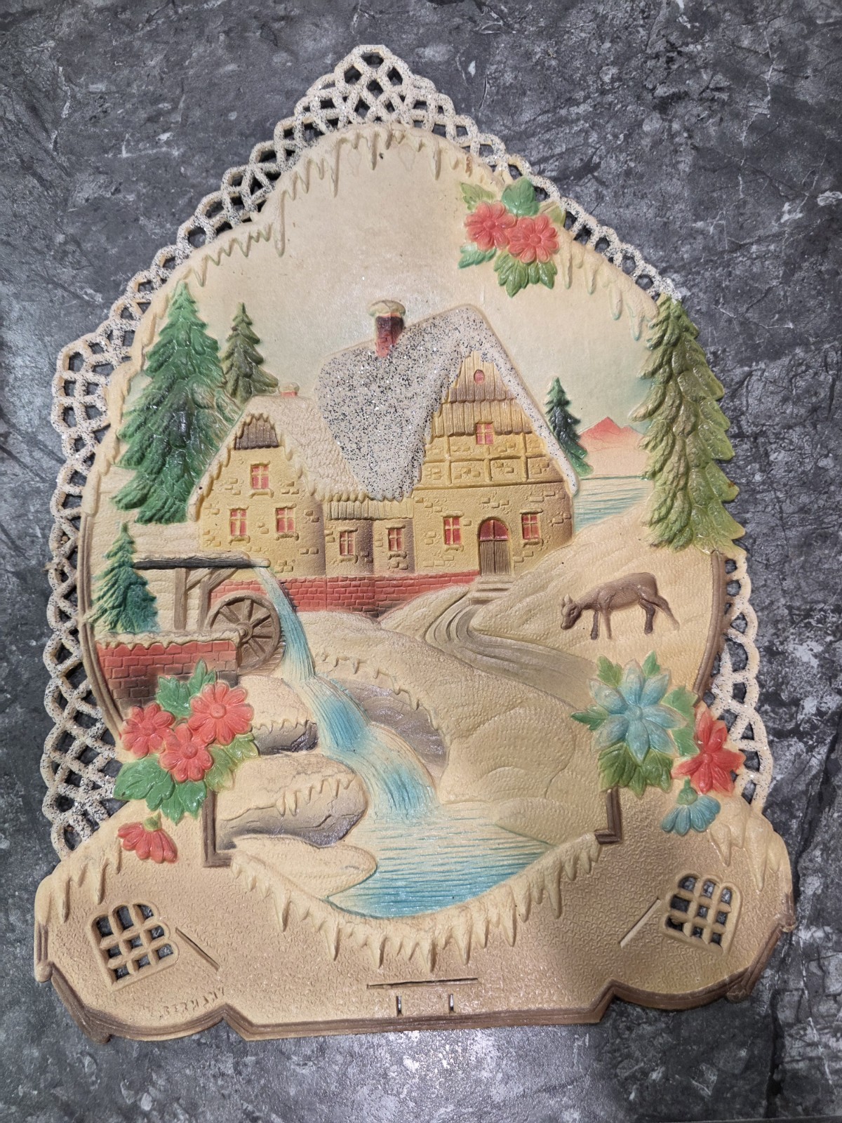 Vintage West Germany Die-Cut Deer Embossed Calendar Top Waterwheel Glitter Roof