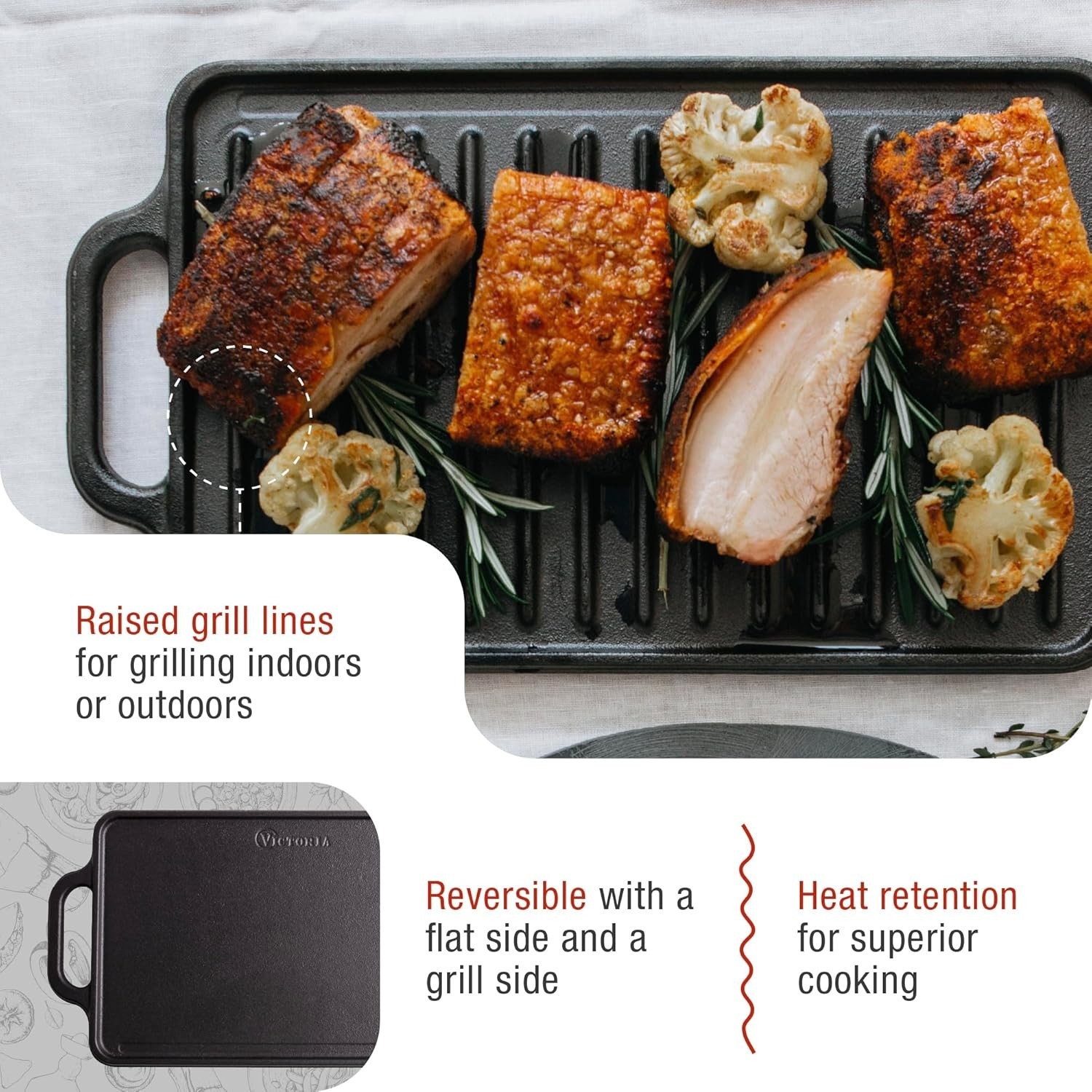 Cast Iron Griddle Reversible Double Burner Indoor Grill 13×8.5 Inch
