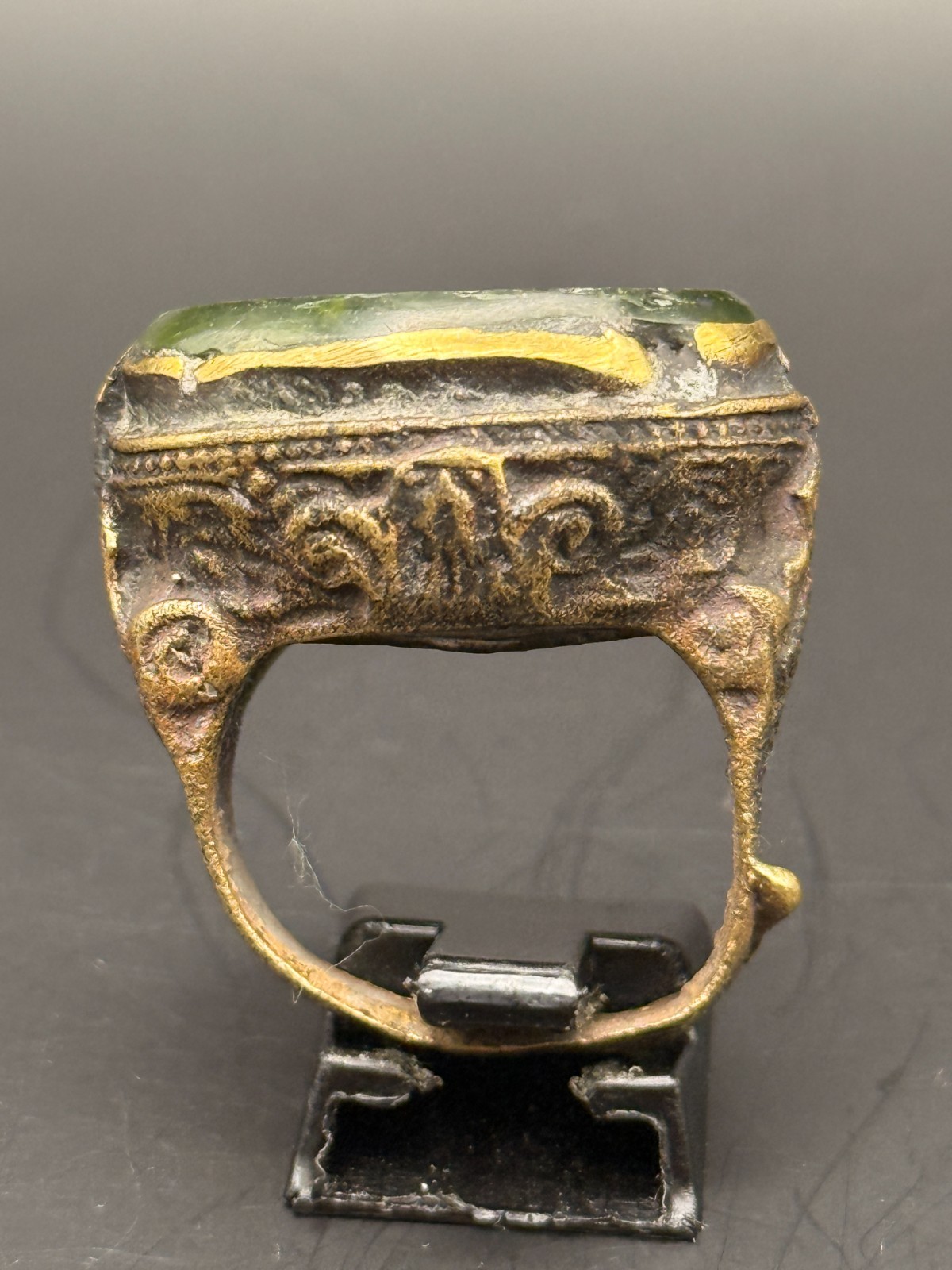Ancient Roman Intaglio Ring Bronze Engraved Intaglio Ancient Green Jade Ring