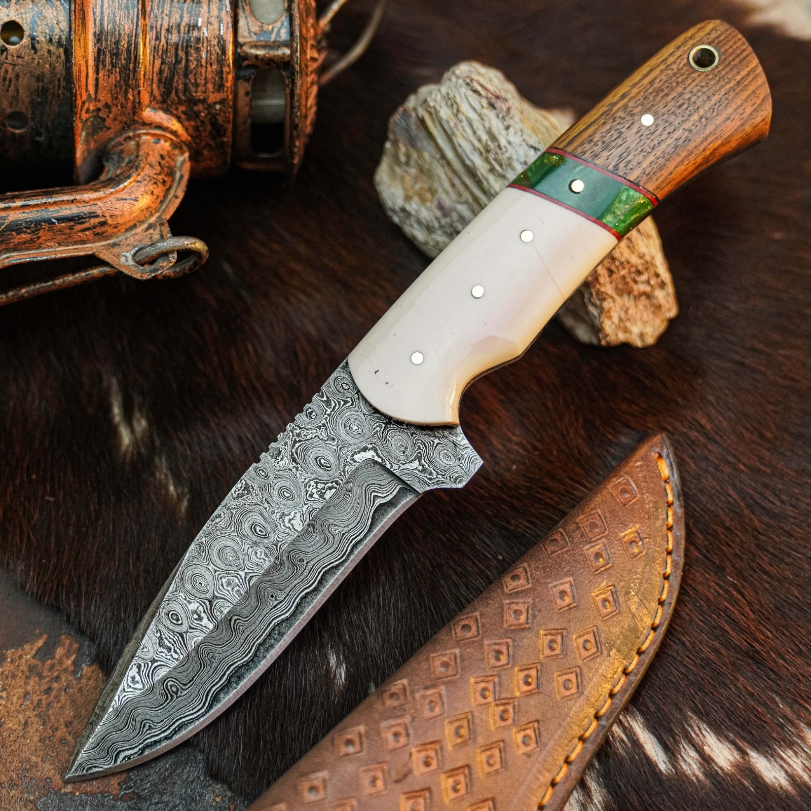 8.7″ Hunting EDC Damascus Knife Handmade Full Tang Hybrid Handle Leather Sheath