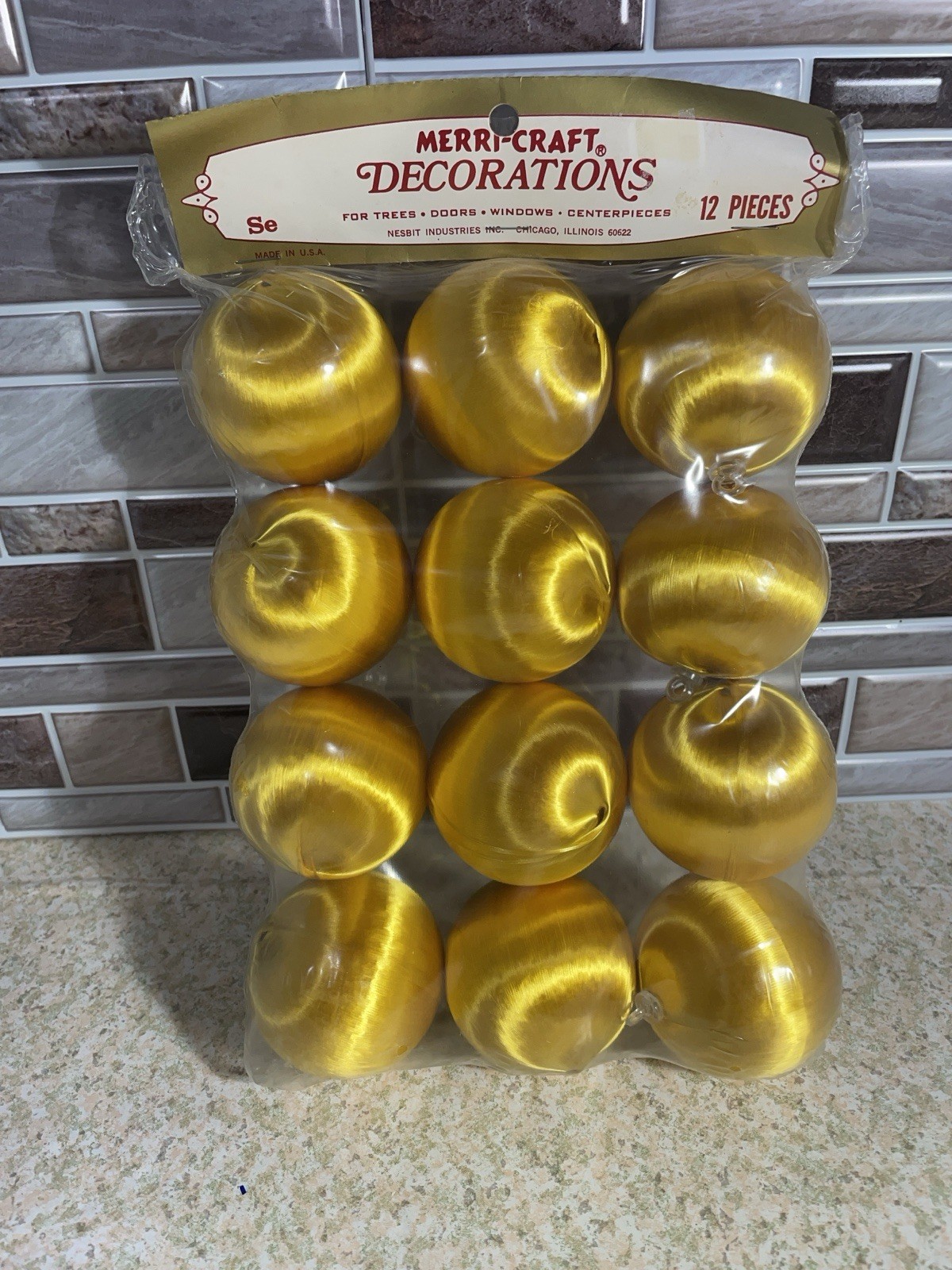 12 Vintage Satin Christmas Ornaments Gold 2″ Merri-Craft USA New