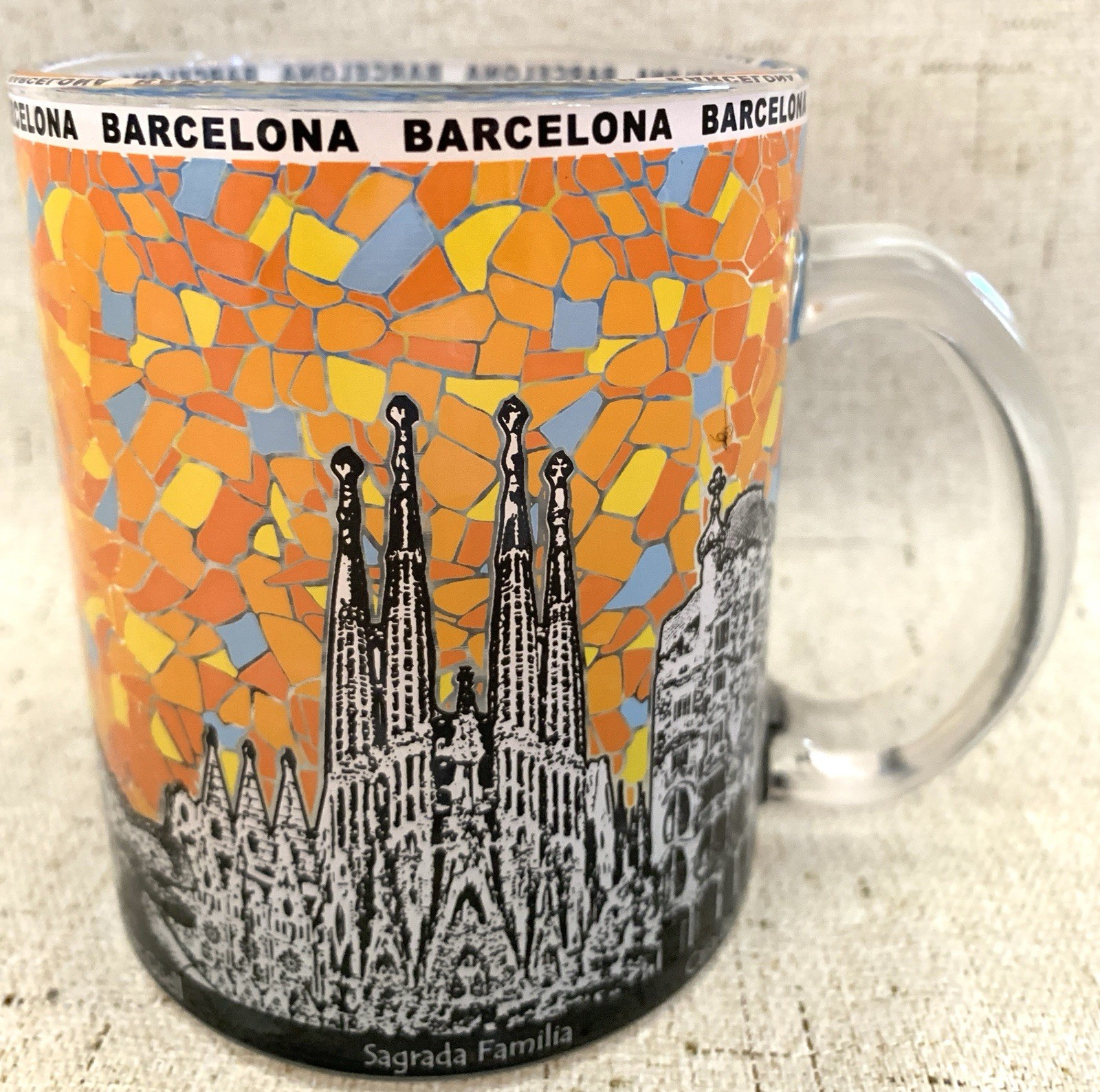 Barcelona Spain Coffee Mug Skyline Mosaic Faux Stained Glass 10oz Blue/Orange