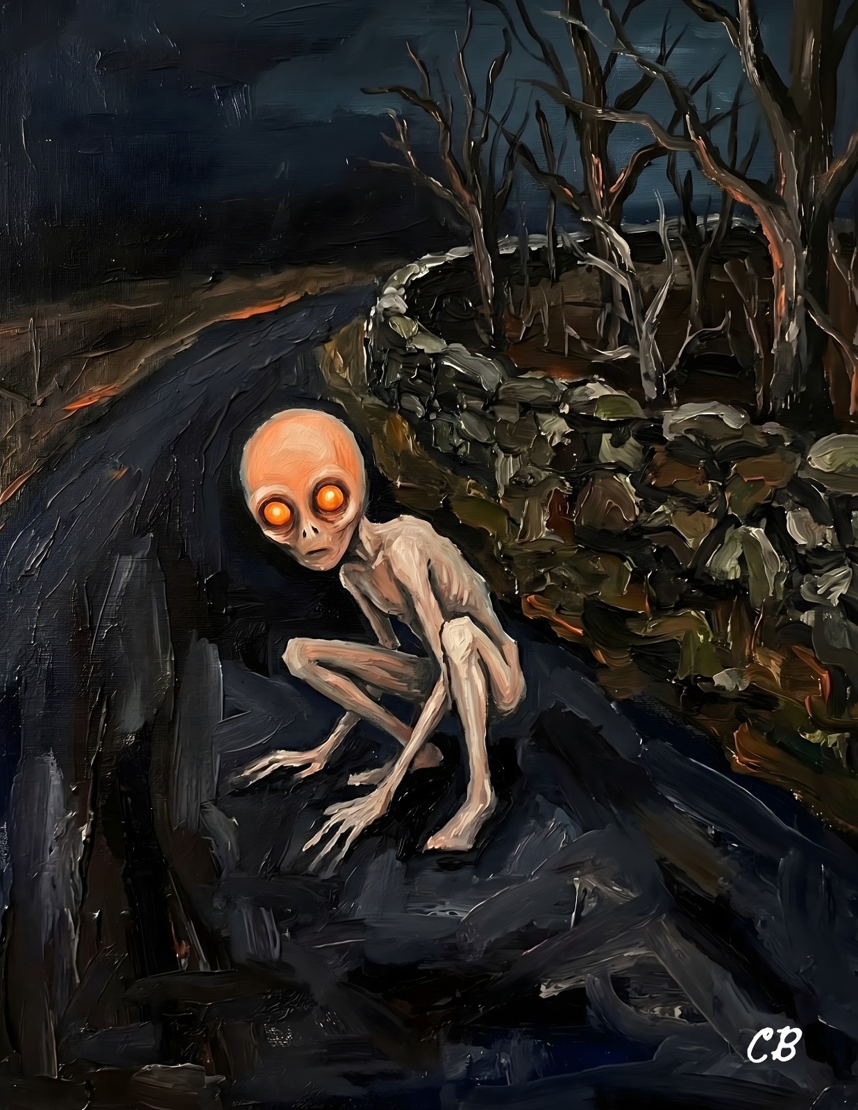 Dover Demon ACEO Print | New England Cryptid Folk Art | Orange Eye Horror