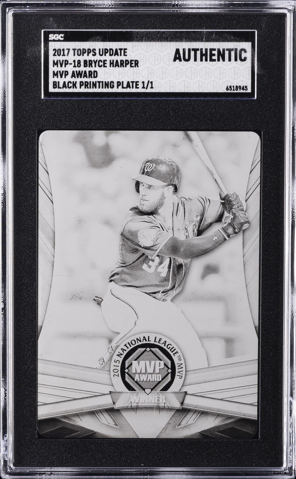 2017 TOPPS UPDATE BLACK PRINTING PLATE #1/1 BRYCE HARPER SGC A