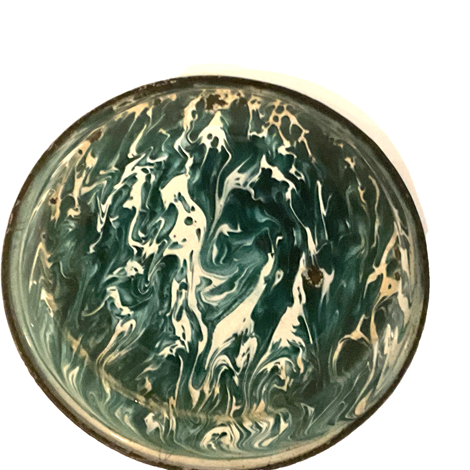 HTF Antique Emerald Green Swirl pie Pan Graniteware Enamelware Reversible Santa