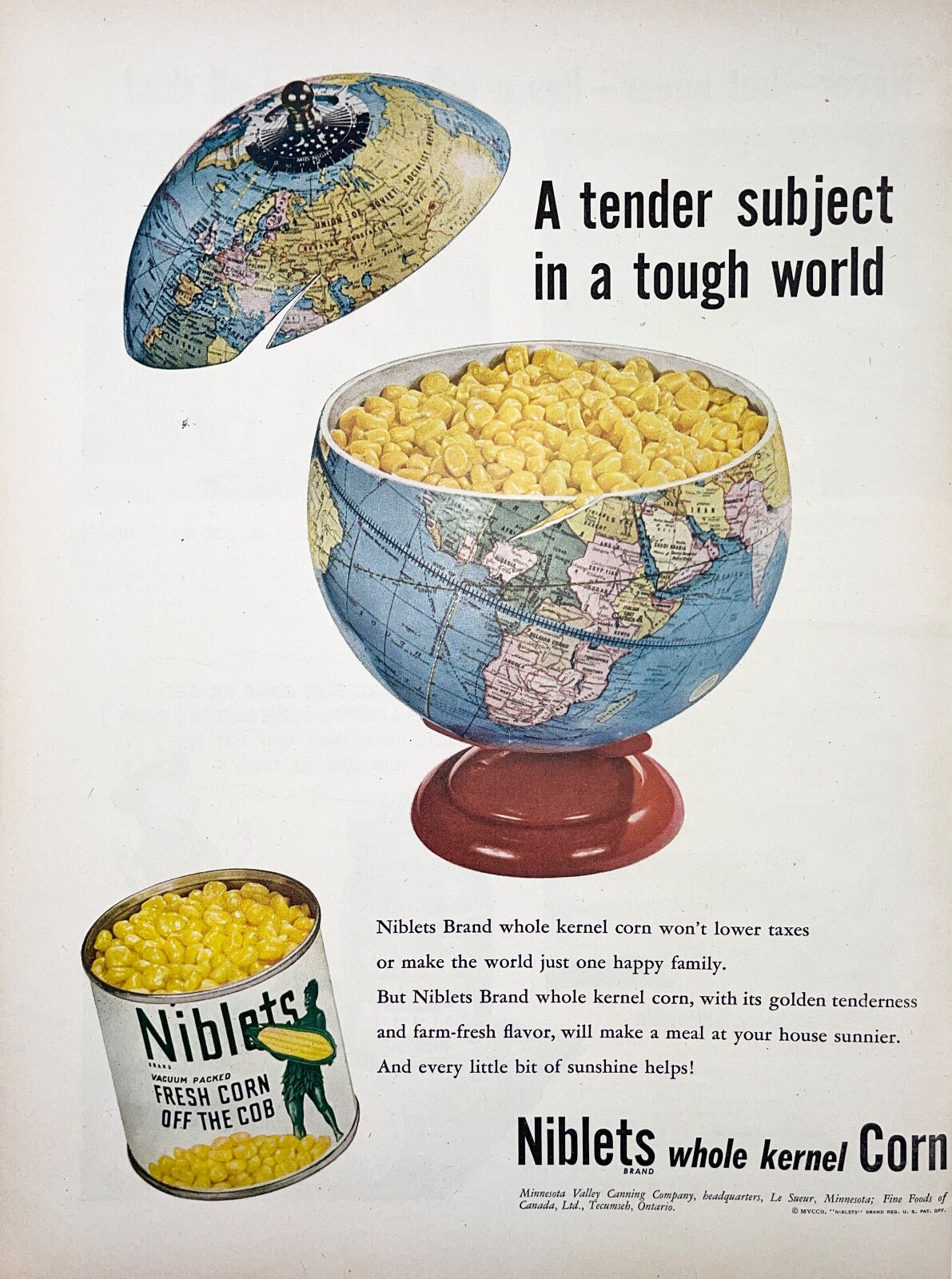 1947 Niblets Corn Green Giant Food Kitchen Wall Art World Globe Vintage Print Ad