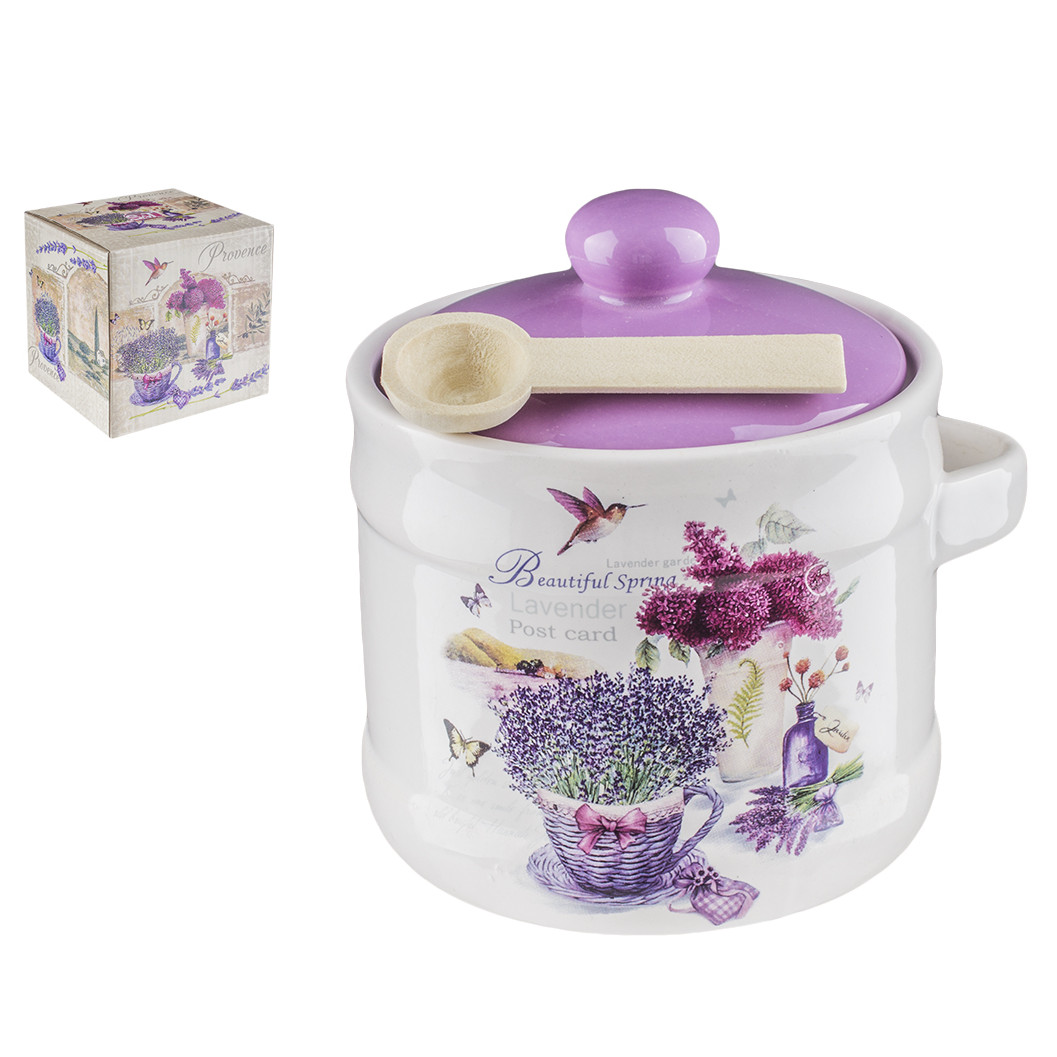 STPGoods Lavender Ceramic Jar with Spoon Lidded Sugar Bowl 14oz Kitchen Canister