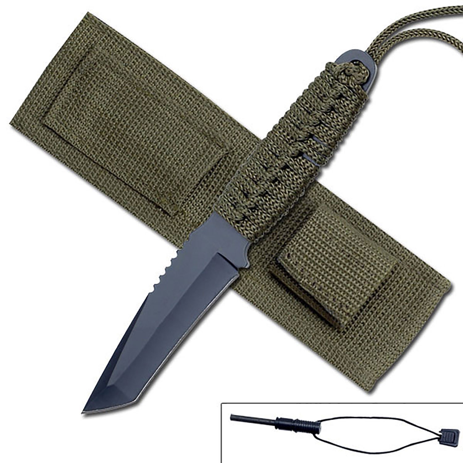 BladesUSA Fixed Blade Full Tang Knife w/Cord Wrapped Handle & Sheath-Firestarter