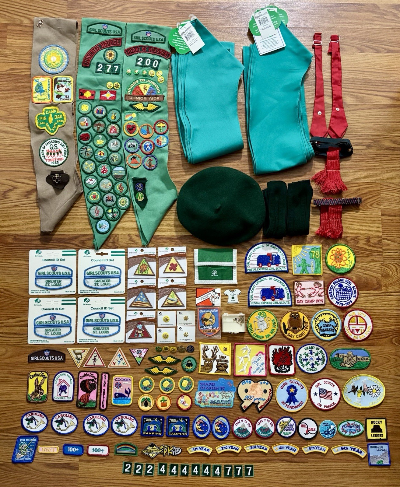 Huge Vintage Girl Scout Lot 1970s-2000s Wool Beret Sashes Ties Patches Pins
