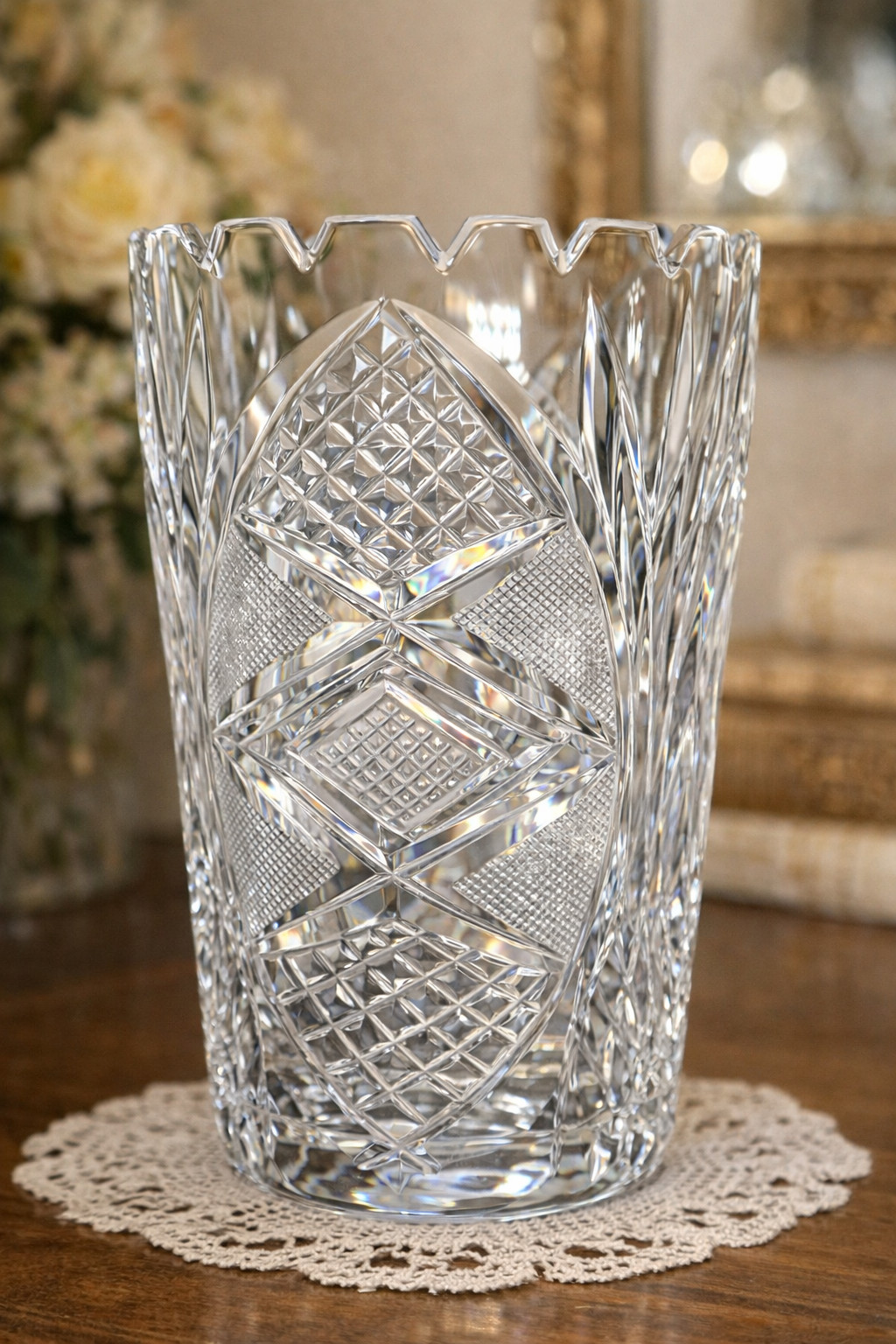 6″ Cut Crystal Vase Scalloped Rim Diamond Pattern Heavy Clear Glass