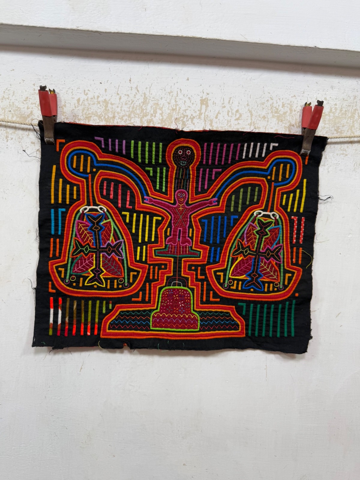 Vintage Beautiful Hand Sewn Kuna Mola Panama Applique Folk Art Textile 32×41 Cm