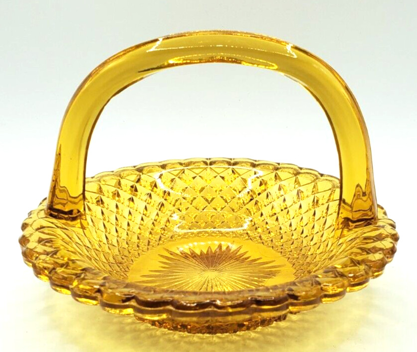Glass Handled Basket Yellow Diamond Pattern Mid Century