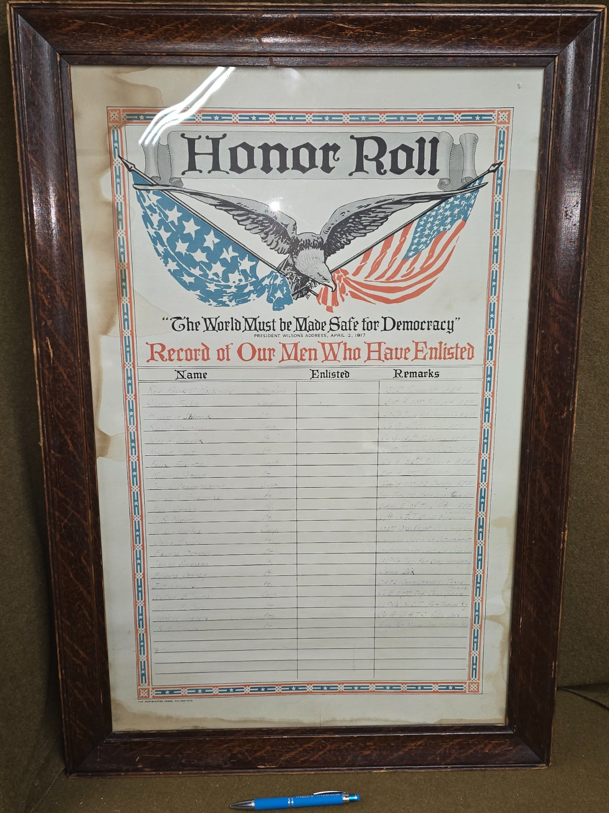 WWI Honor Roll List with Faint Names FRAMED SEE PICS AND DESC