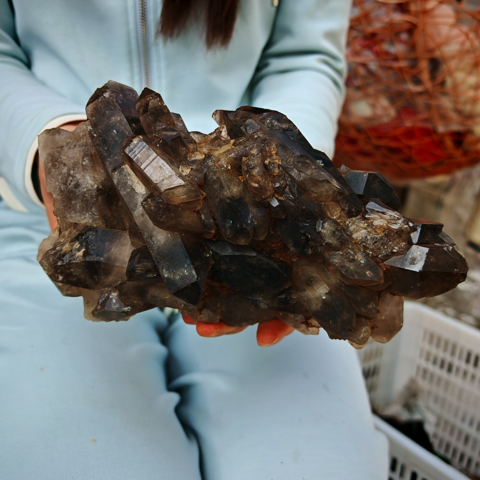 3.41LB TOP natural black smoky quartz cluster crystal vug point Mineral specimen