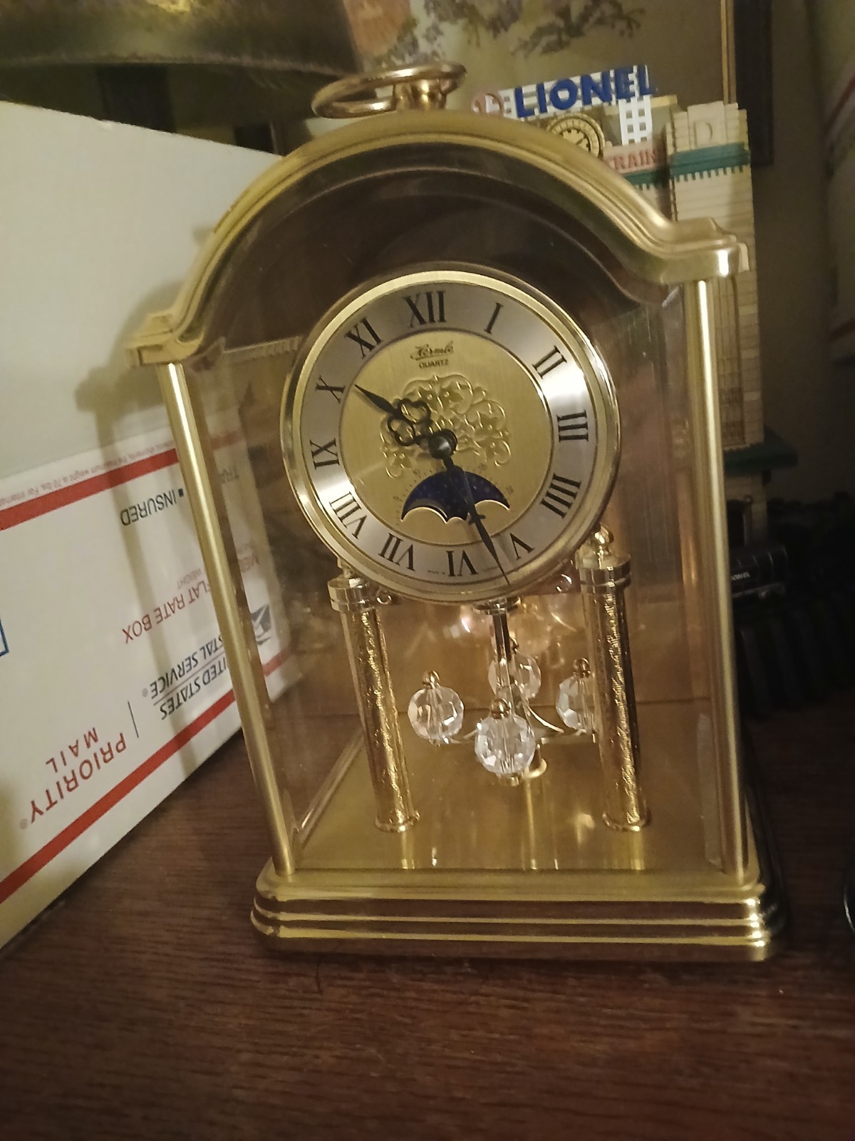 Vtg HERMLE GERMANY QUARTZ SHELF BRASS & GLASS CHIME Music CLOCK /moon Phase
