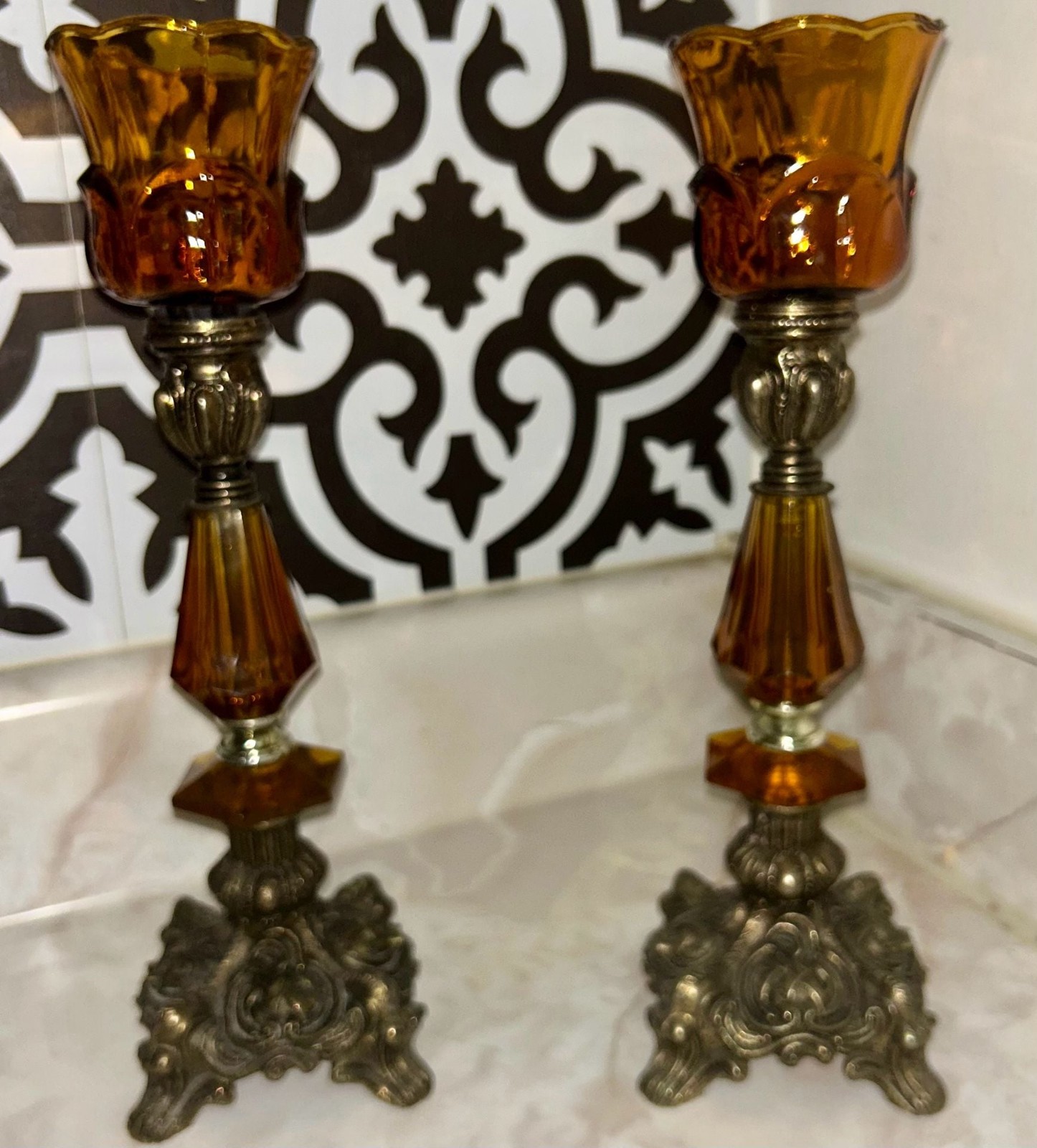 Pair of Vintage Hollywood Regency Ornate Metal and Amber Lucite Candlestick Hold