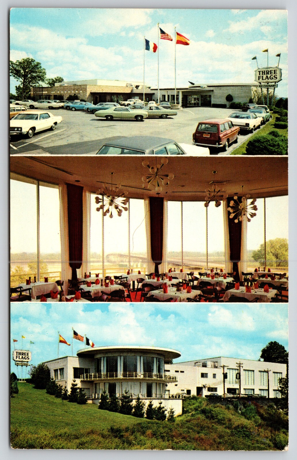 Postcard Three Flags Restaurant St Charles Missouri Multiview Interior View