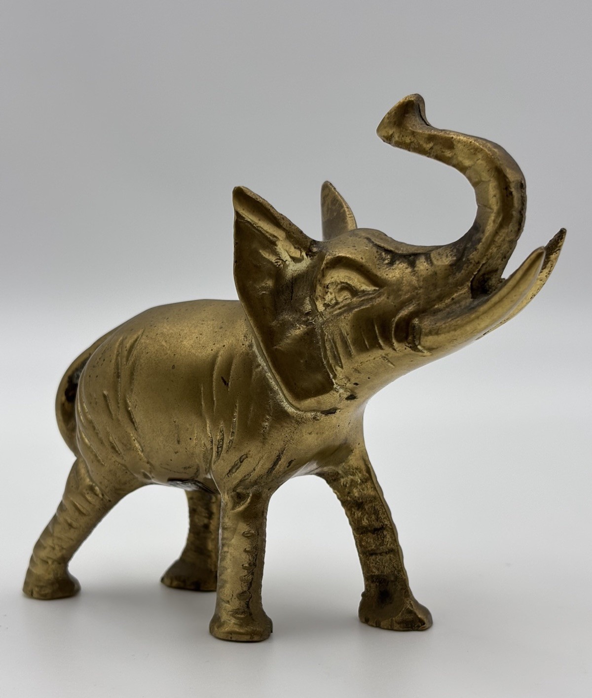 Vintage Solid Brass Elephant Figurine Small Statue Trunk Up, Made in Taiwan, 4”