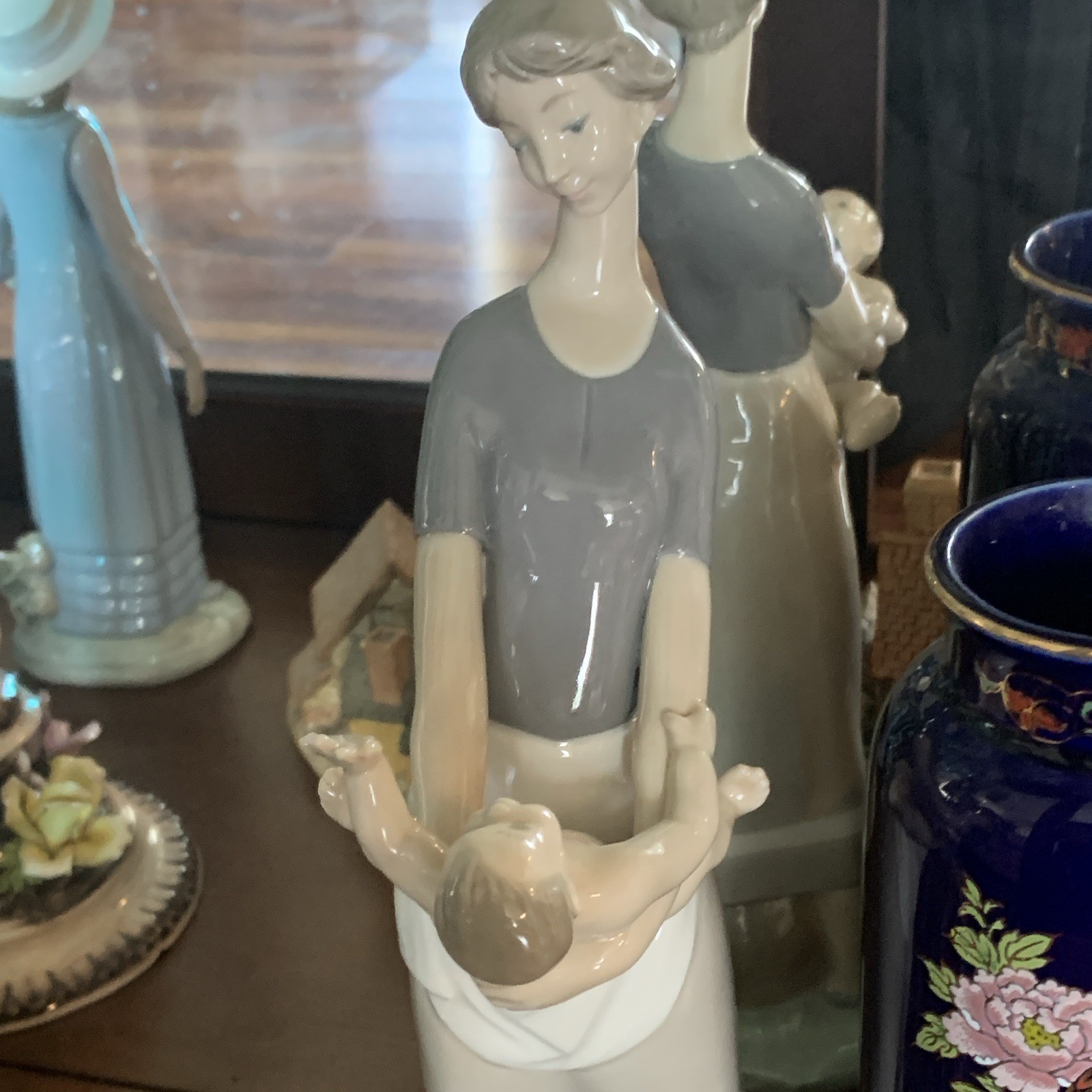 Porcelain Mother & Child Figurine Family Theme Gray White Beige Glossy Finish