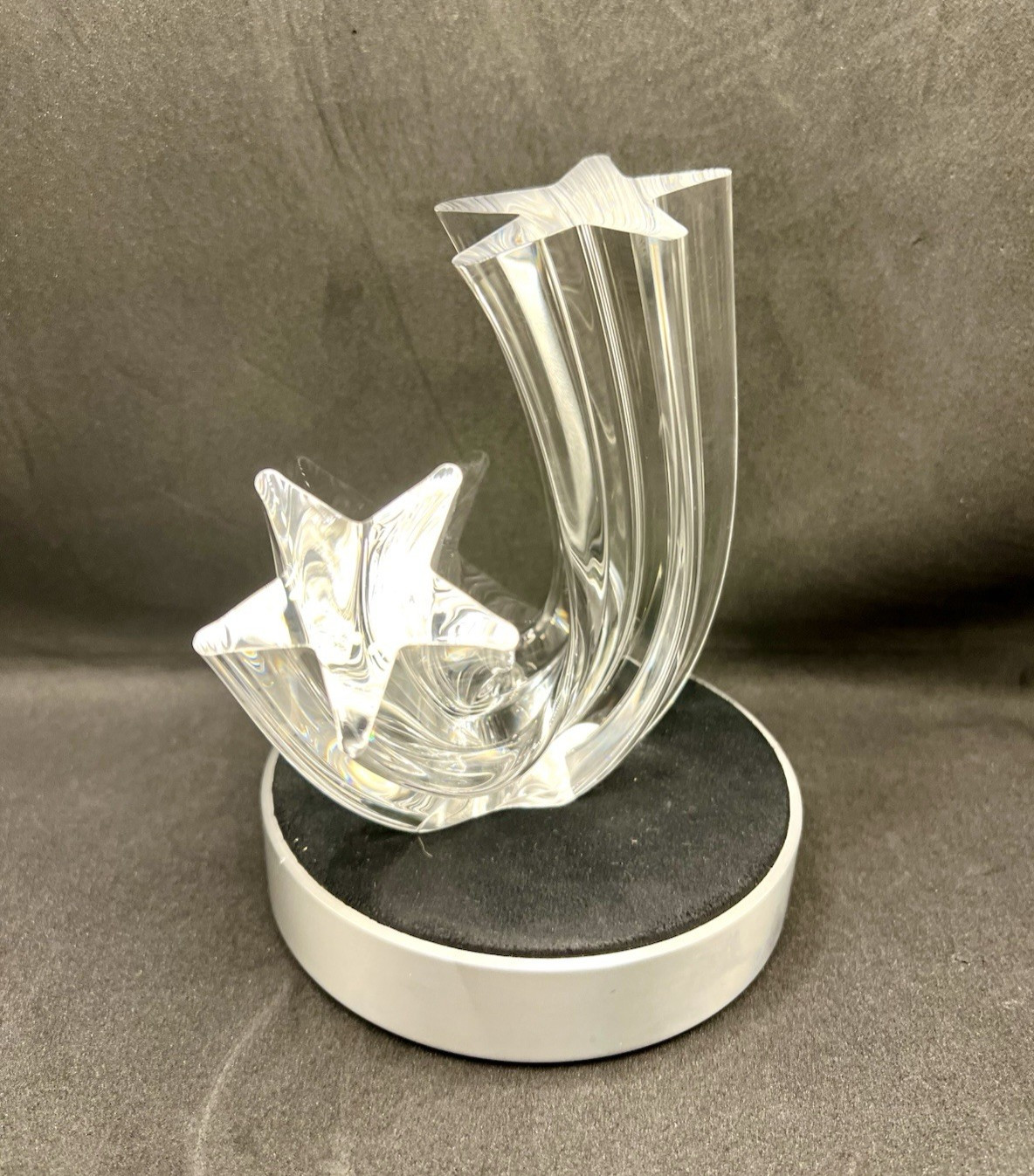 Steuben Glass Double Star Stream Twist Sculpture Signed 1988 w COA Pouche 5.25″