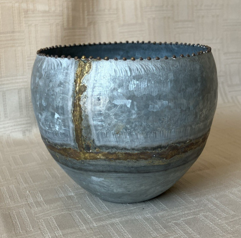 Galvanized Metal Planter Embellished with Brass Beading and Brazing