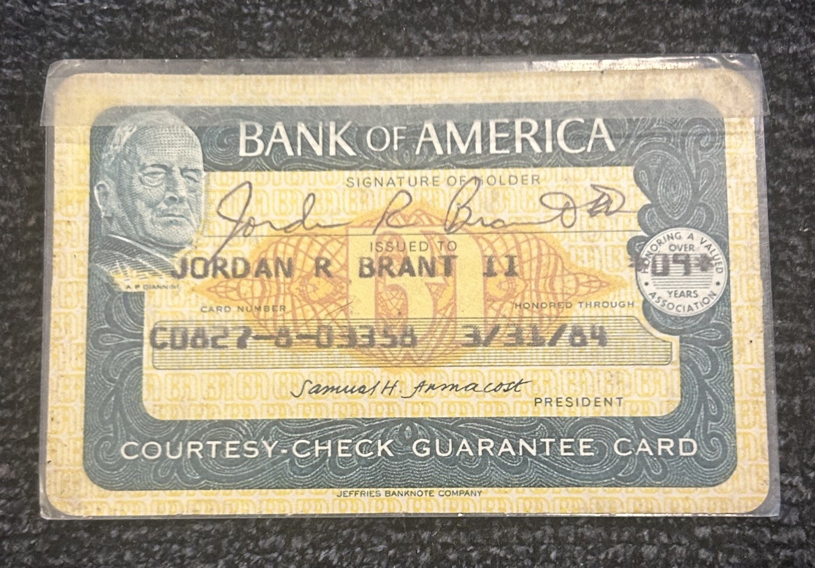 Bank Of America Check Guarantee Card Expired 1984
