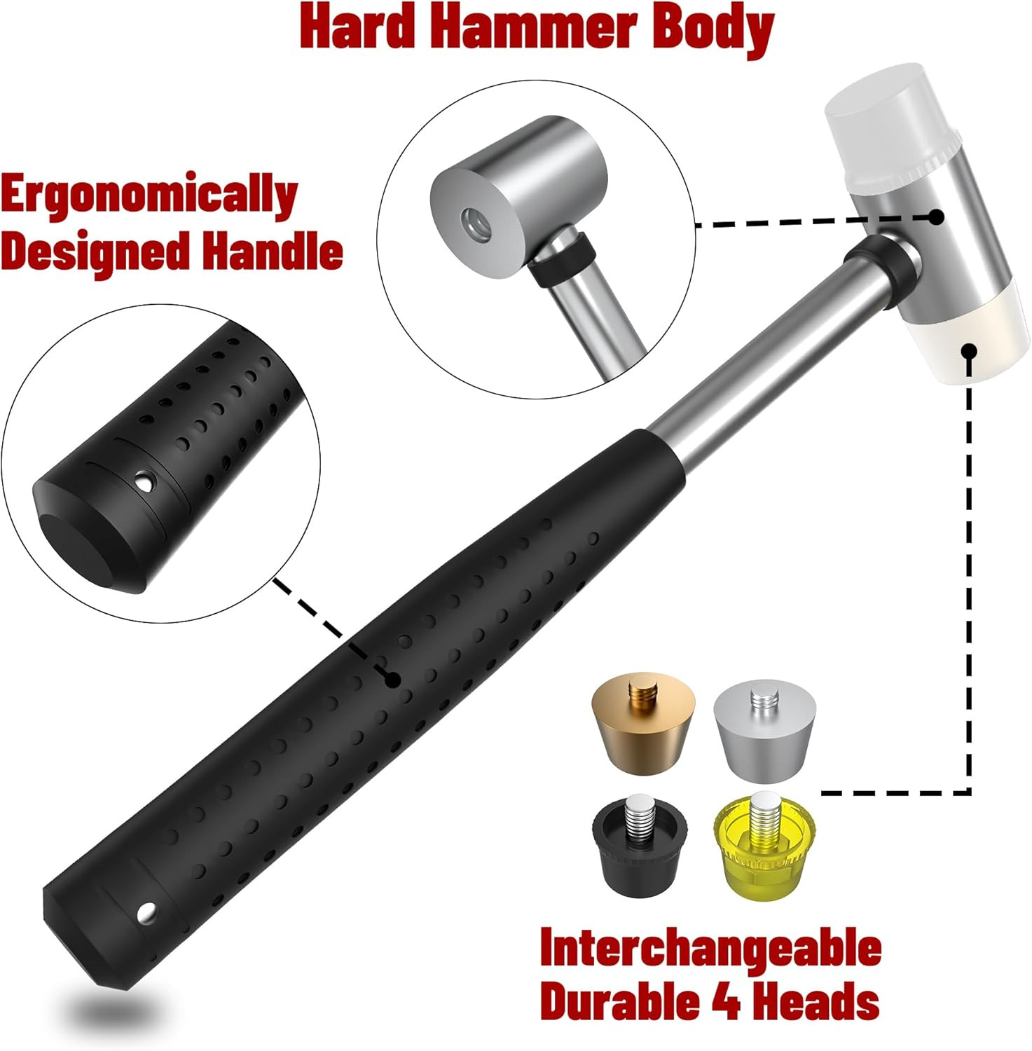Small Brass Hammer with 4 Interchangeable 1-Inch Heads: Brass, Nylon, Aluminum,
