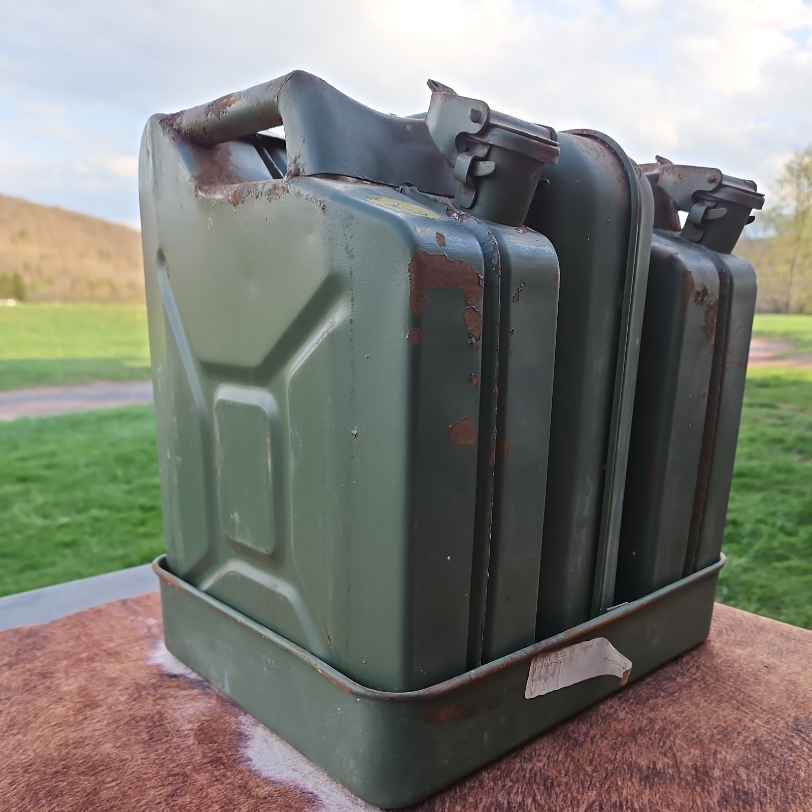 VINTAGE German Military Kraftstoff 5 Liter Jerry Can Set (2) + Vehicle Carrier