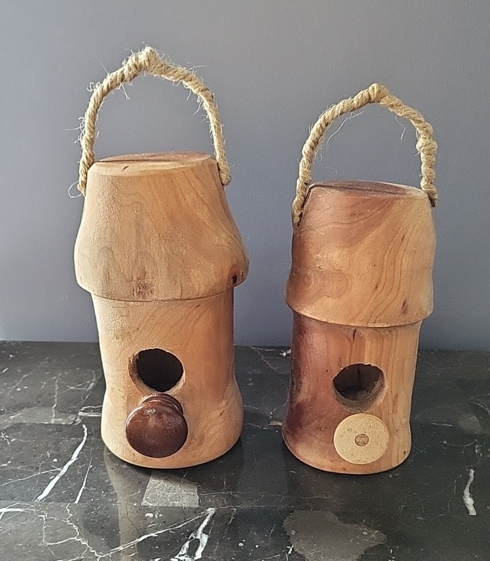 2 artisan CHERRY wood BIRDHOUSES artist signed! 6×3.5 & 5.5 X 3″ Home Decor
