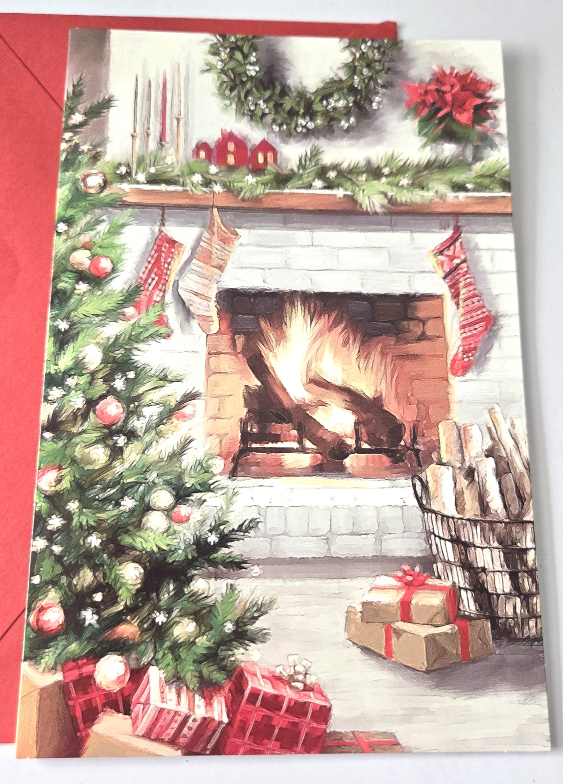 Christmas Card Merry Christmas from Our Family to Yours Fireplace Scene Tree