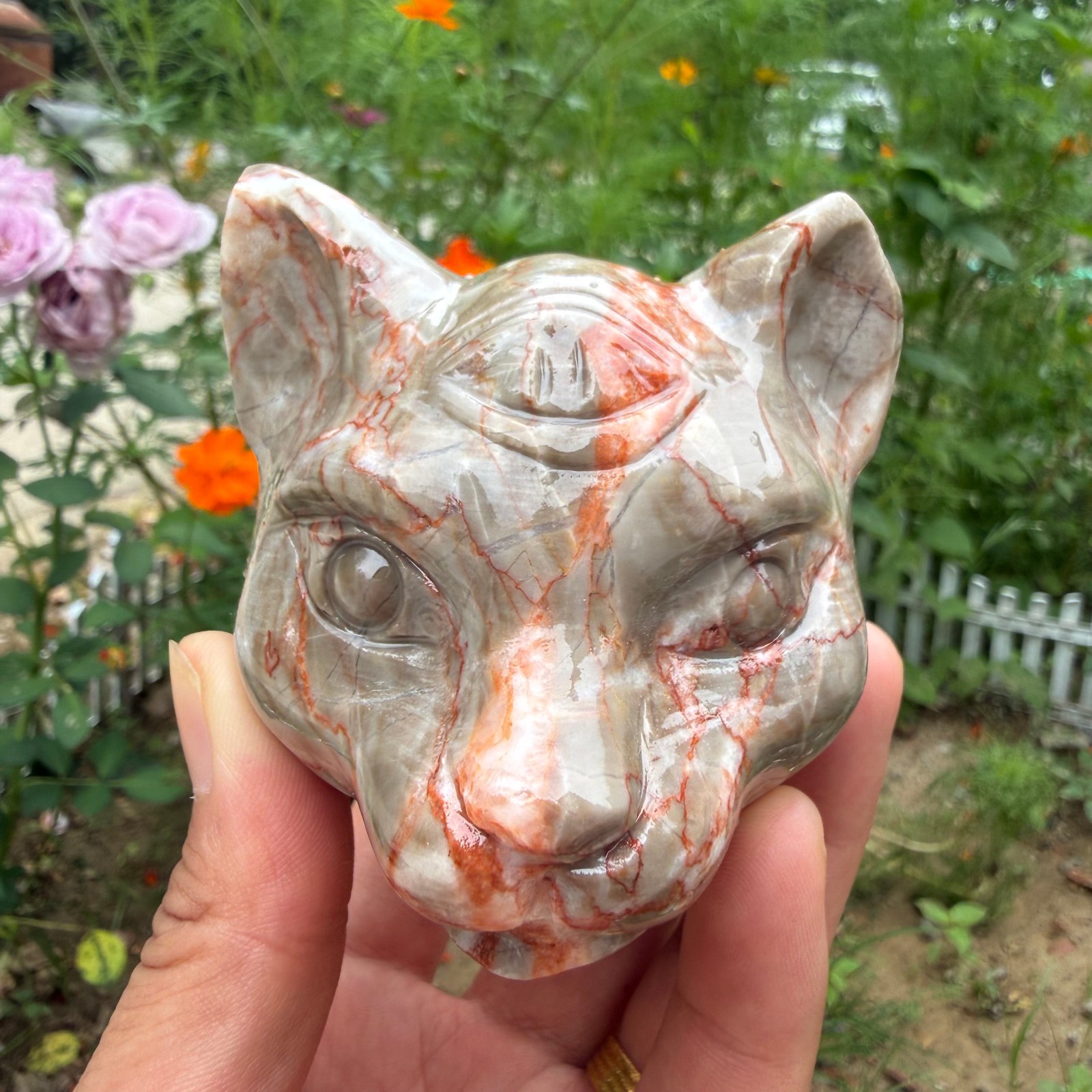 2.8″ natural red grain stone carved cat head Quartz Crystal reiki healing 1pc