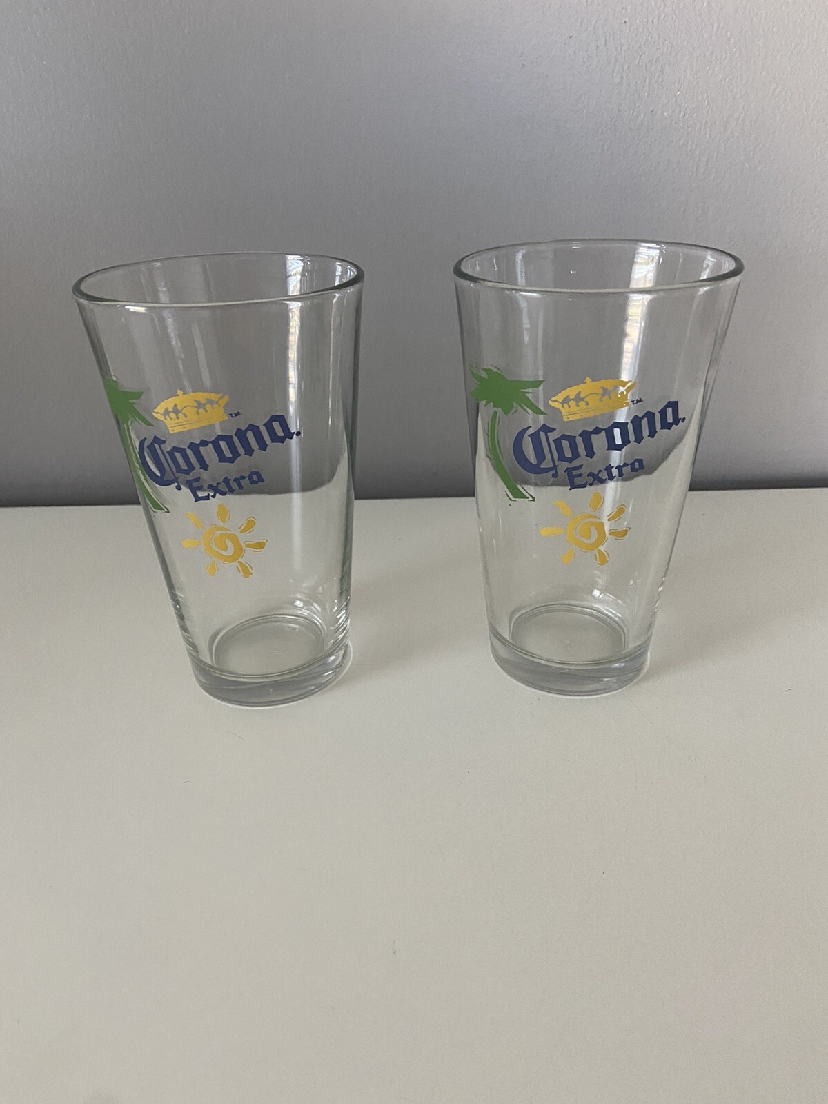 Corona Extra Beer Glasses Set of 2 Barware Palm Tree Sun Libbey EUC