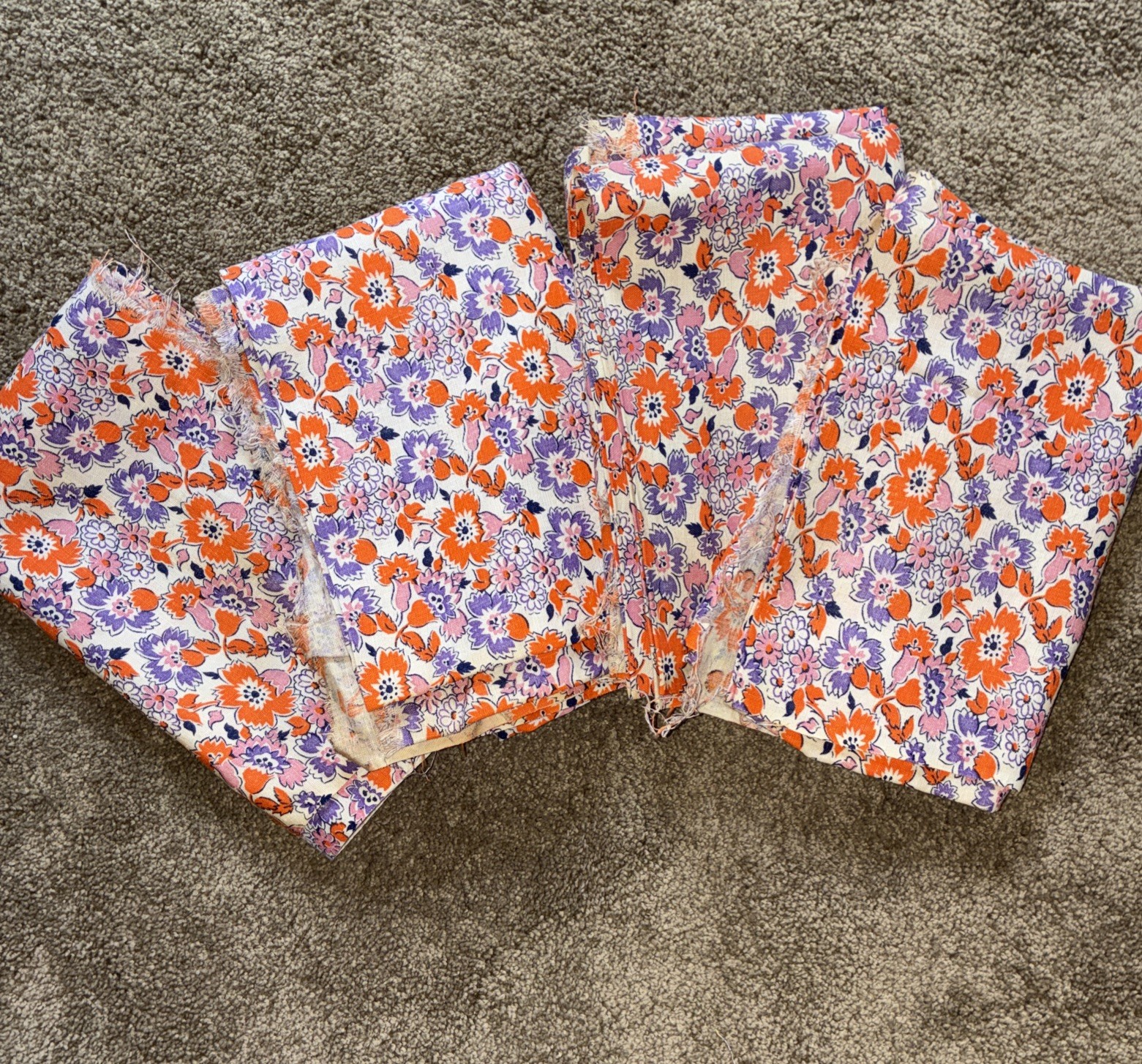 Vtg Feed Bag/Sack Fabric Lot Of 4 1930S-1950S 38X47 Purple Orange Floral Design
