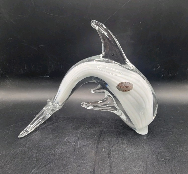 Murano Dolphin Art Glass Sculpture Authentic White Clear H123