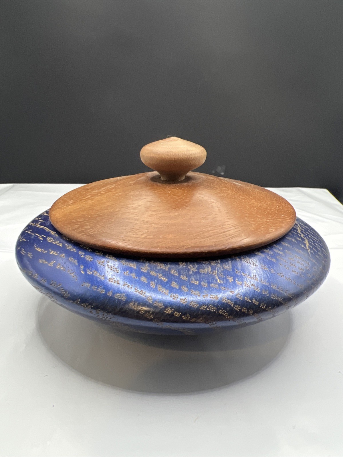 Artisan Hand Turned Wood Lidded Bowl Signed Powell 2014 Cerused Blue Gold Oak