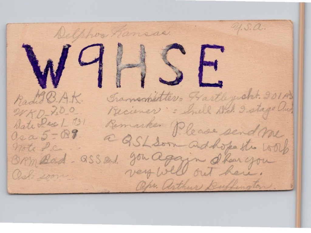 1931 Delphos Kansas Ottawa County Arthur Buffington W9HSE QSL Ham Radio Card