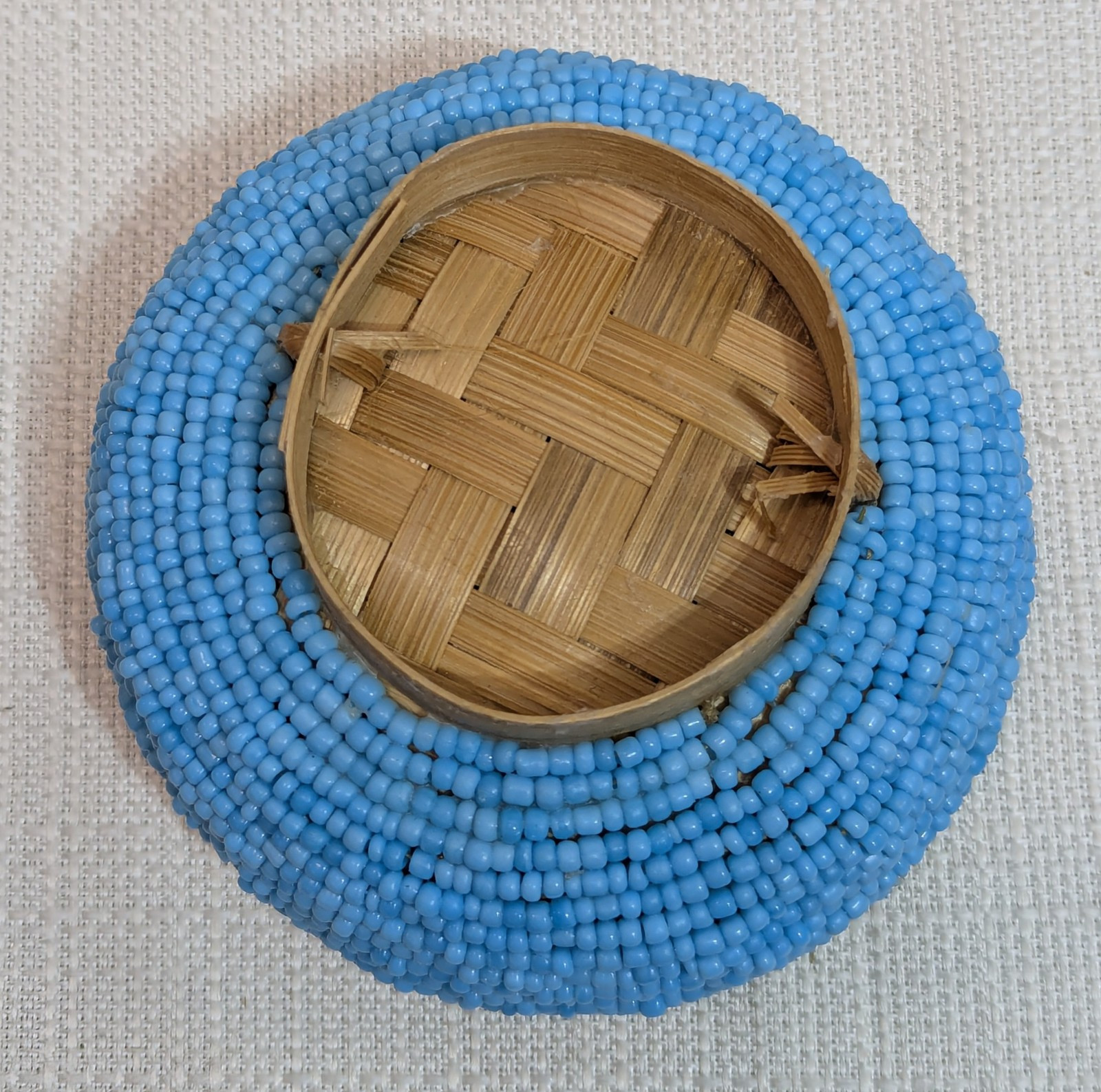 Handmade Small Round Blue Beaded Bamboo Trinket Basket With Tassel, Approx 4″ H