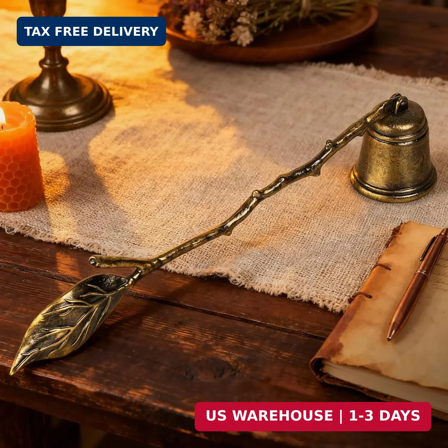 Vintage Leaf Candle Snuffer, Antique Gold Resin, 7.87 Inch Handle with 1.38 Inch