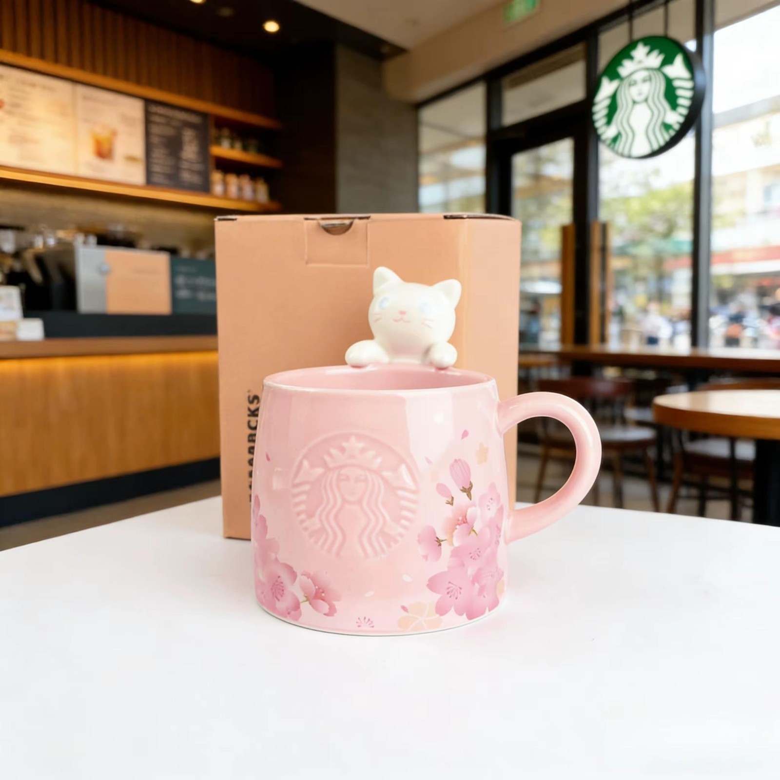 Starbucks Overseas Cute Pink Sakura Cat Coffee Mug Cup Cherry Blossom 12oz
