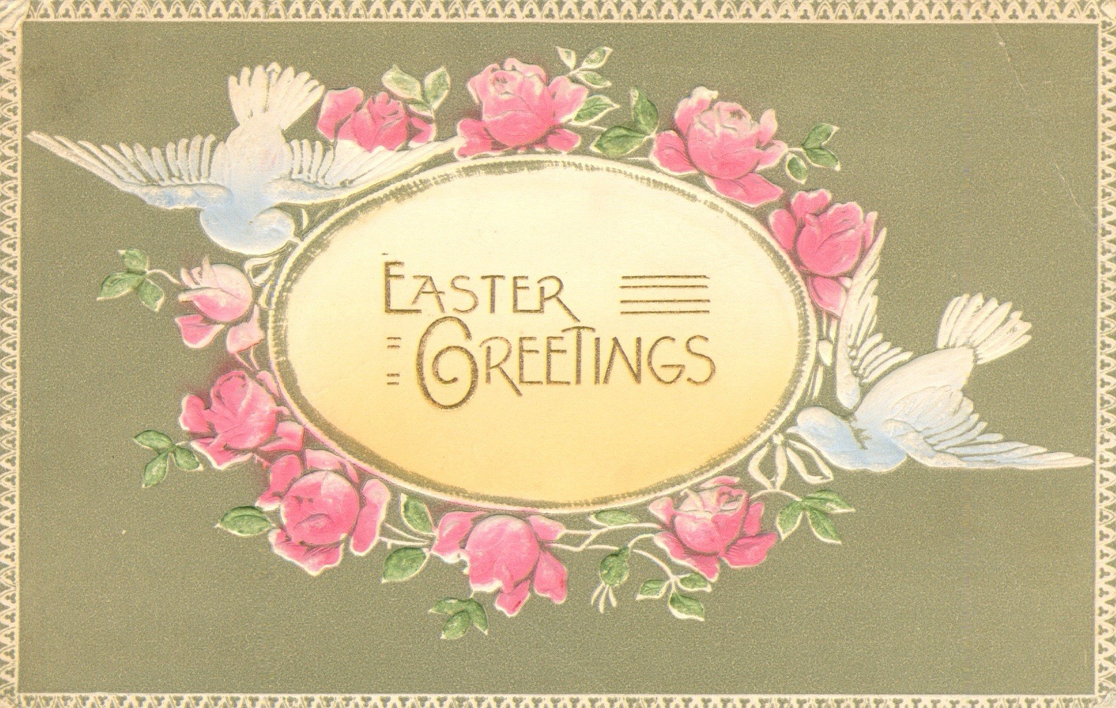 Embossed Easter Postcard Antique 1900-1919 Greetings Whites Doves and Roses. N
