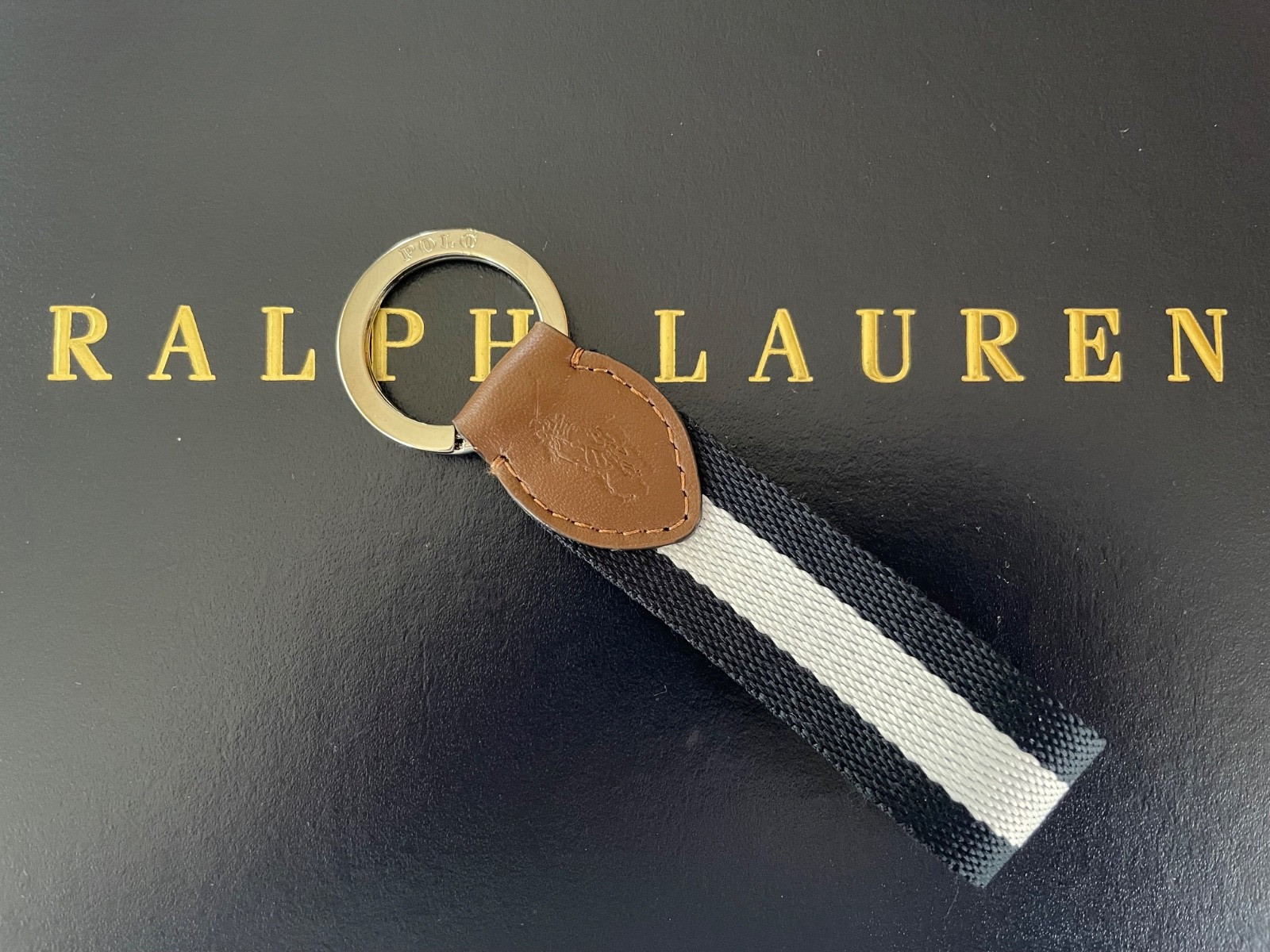 Polo RALPH LAUREN Keychain Keyring FOB Brown Leather & Nylon