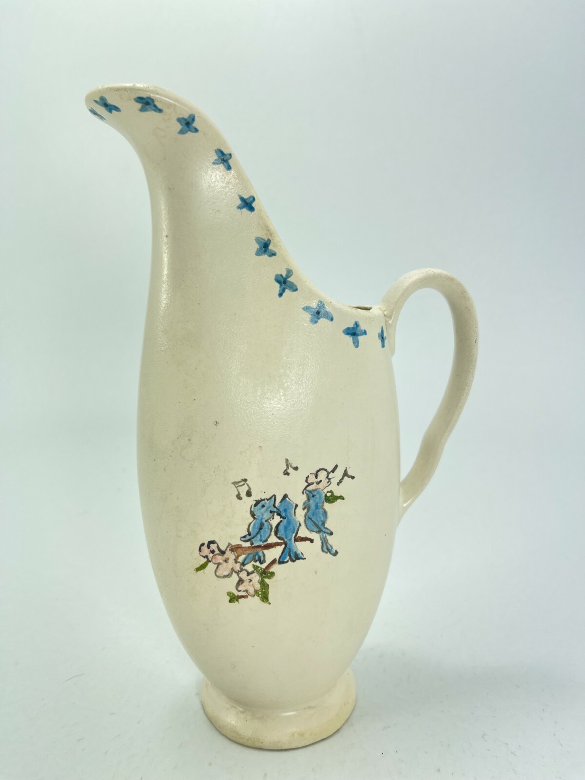 Vintage Colonial Cream Milk Pitcher Signed Hand Painted Flowers Birds Singing