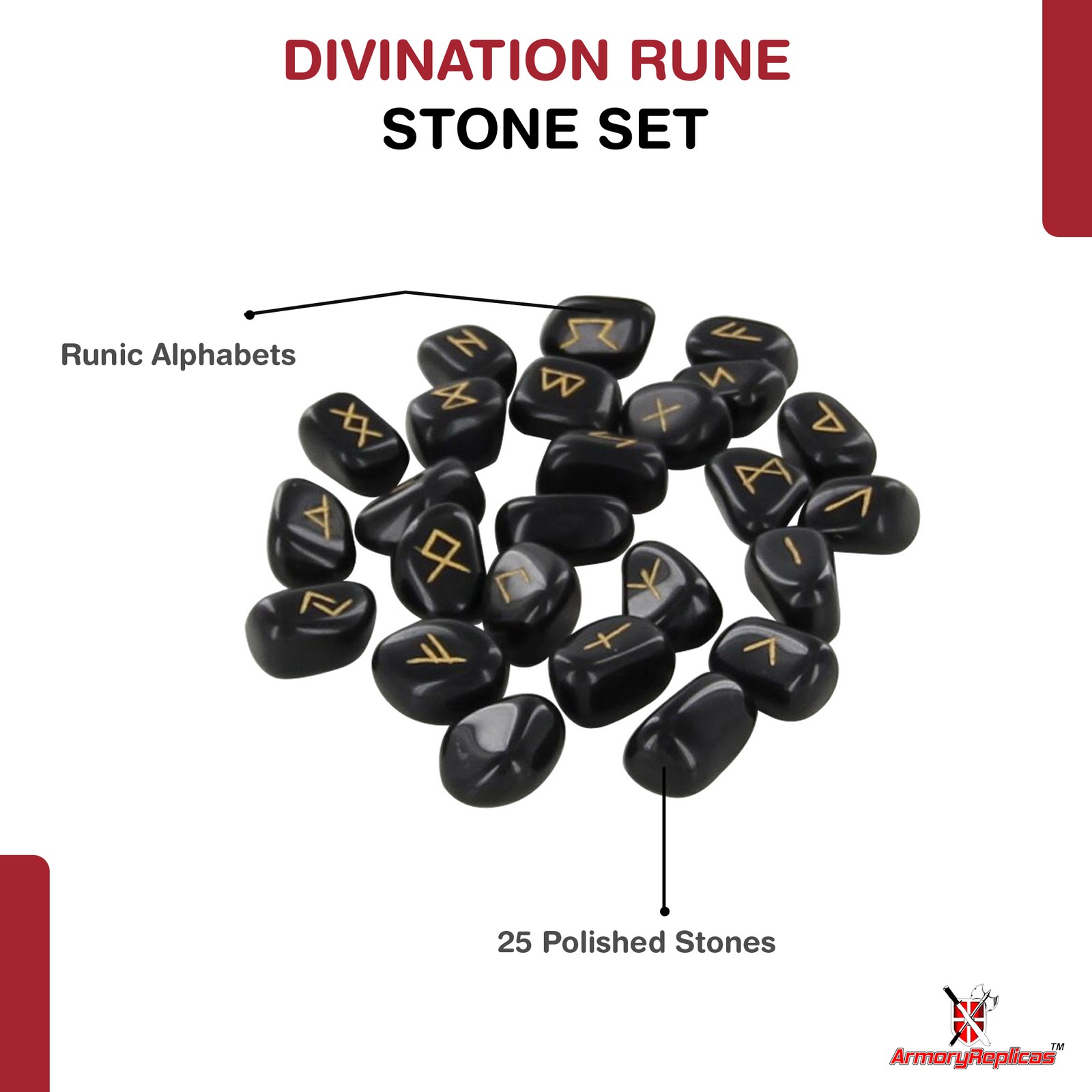 Handmade Divination Rune Stone Set 25 Pcs Black Polished Natural Viking Norse