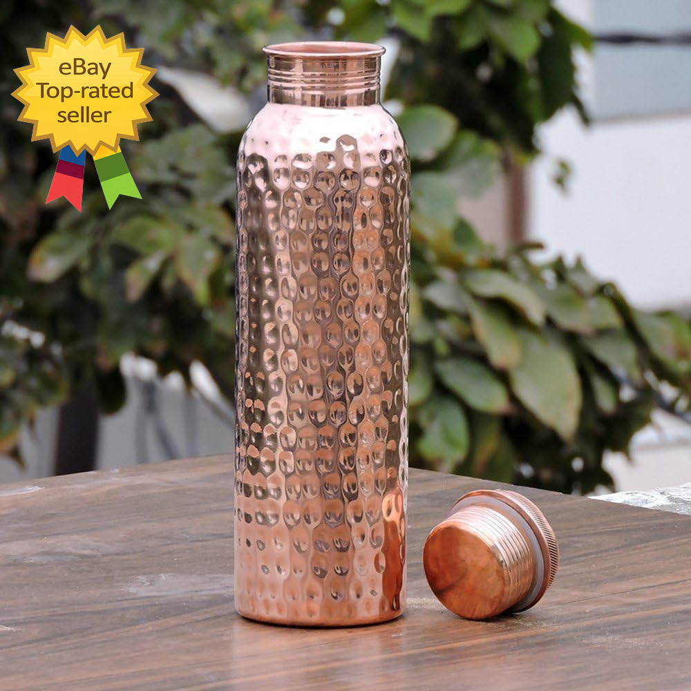 Hammered Copper Water Bottle 32 Oz Handmade Leak Proof Drinkware with Lid