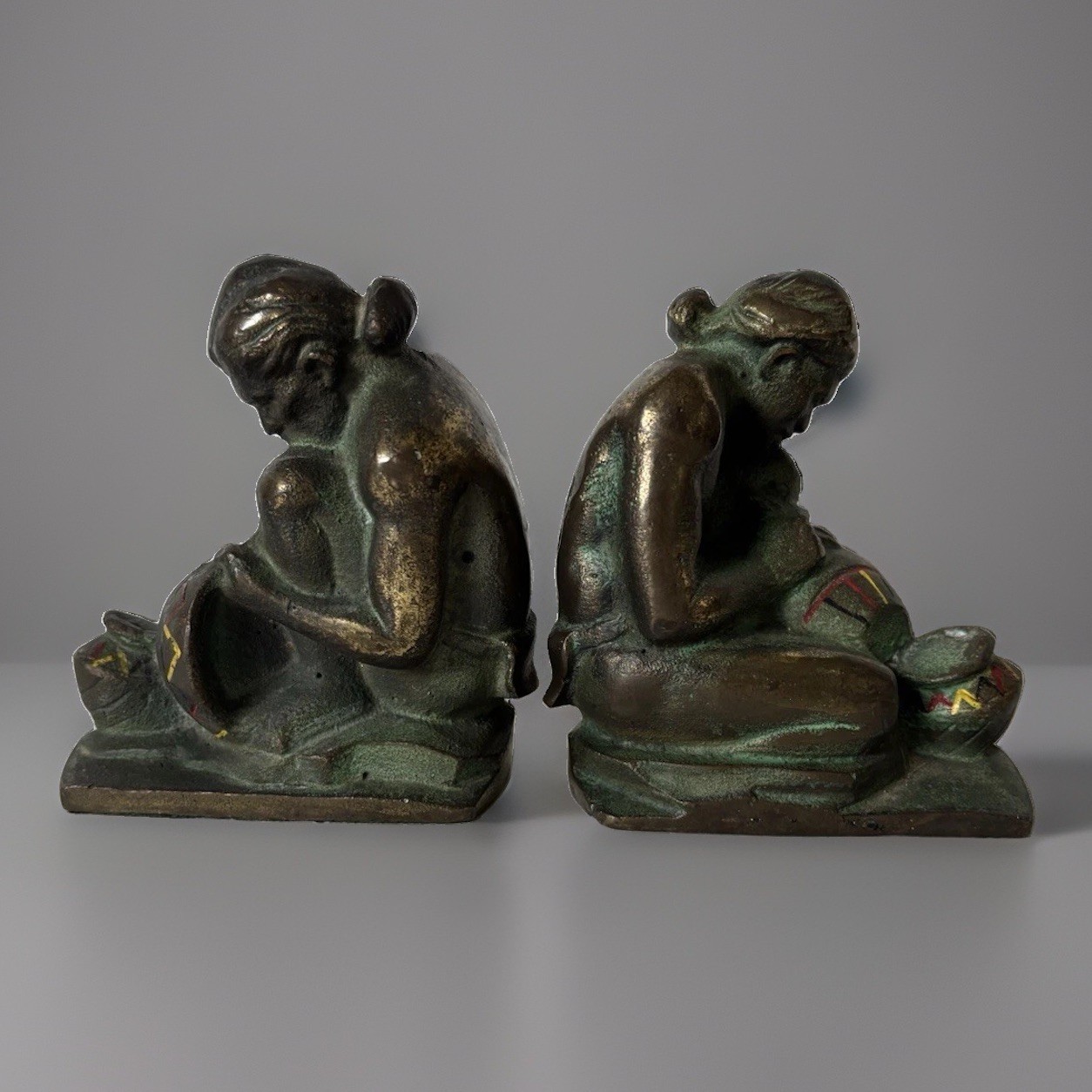 Vintage LITCO 1920’s Cast Iron Indian Potter Bookends – A Pair
