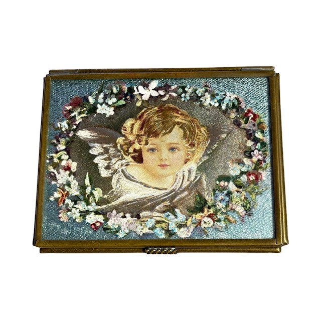 Vintage Via Vermont Ltd. Cherub Angel Brass Trinket Box with Mirror Handcrafted