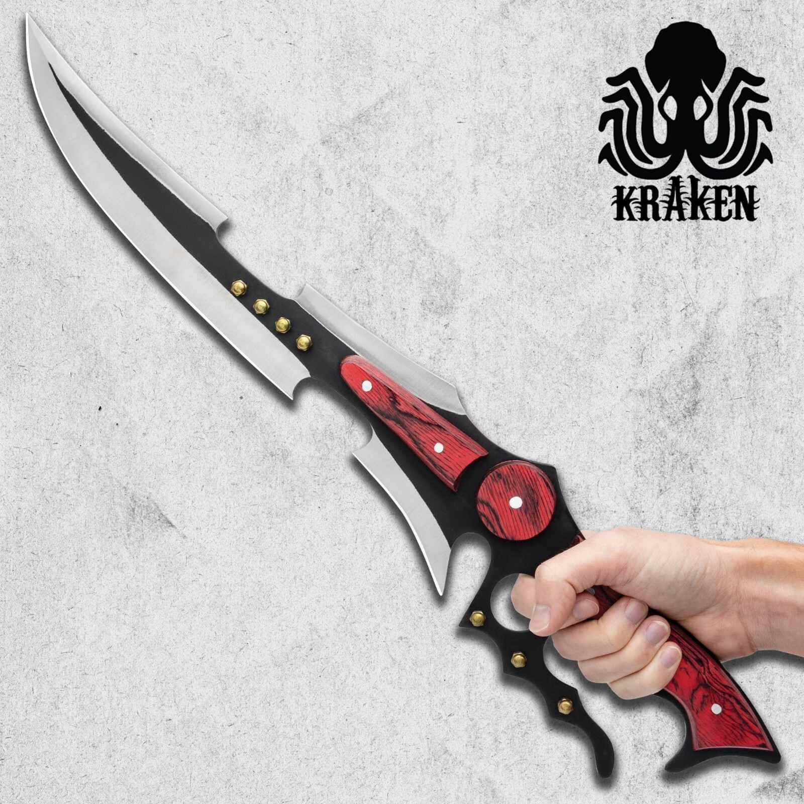 Kraken Steampunk Fantasy Full-Tang Sword | Curved Blade | Leather Sheath | 20.5″