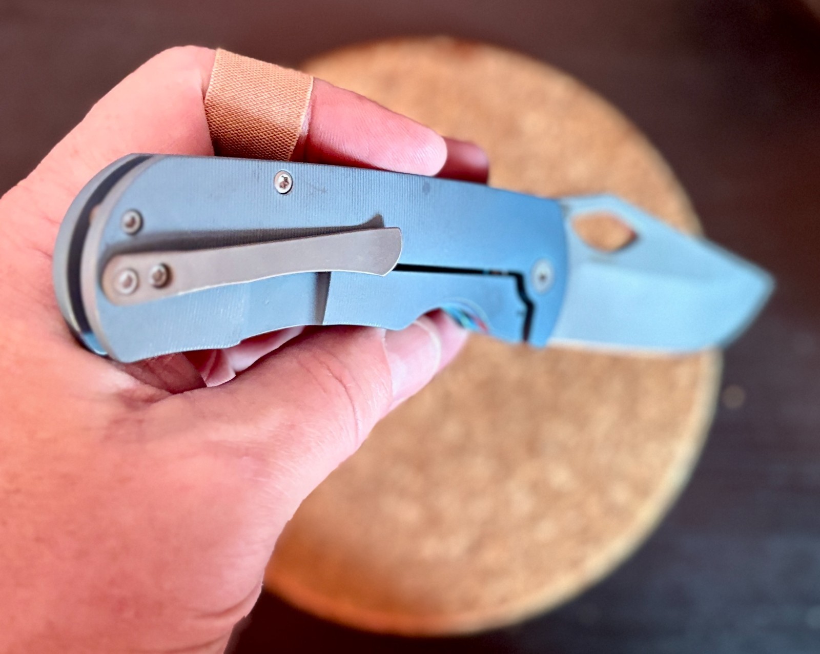 Custom anodized titanium EDC knife – Aqua blue/Darkwash 3.74″