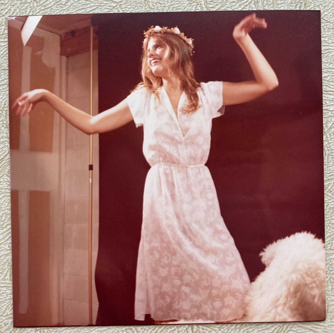 Found Photo Woman Wearing Flower Crown & Lace Dress Dancing 5″x5″ Vintage